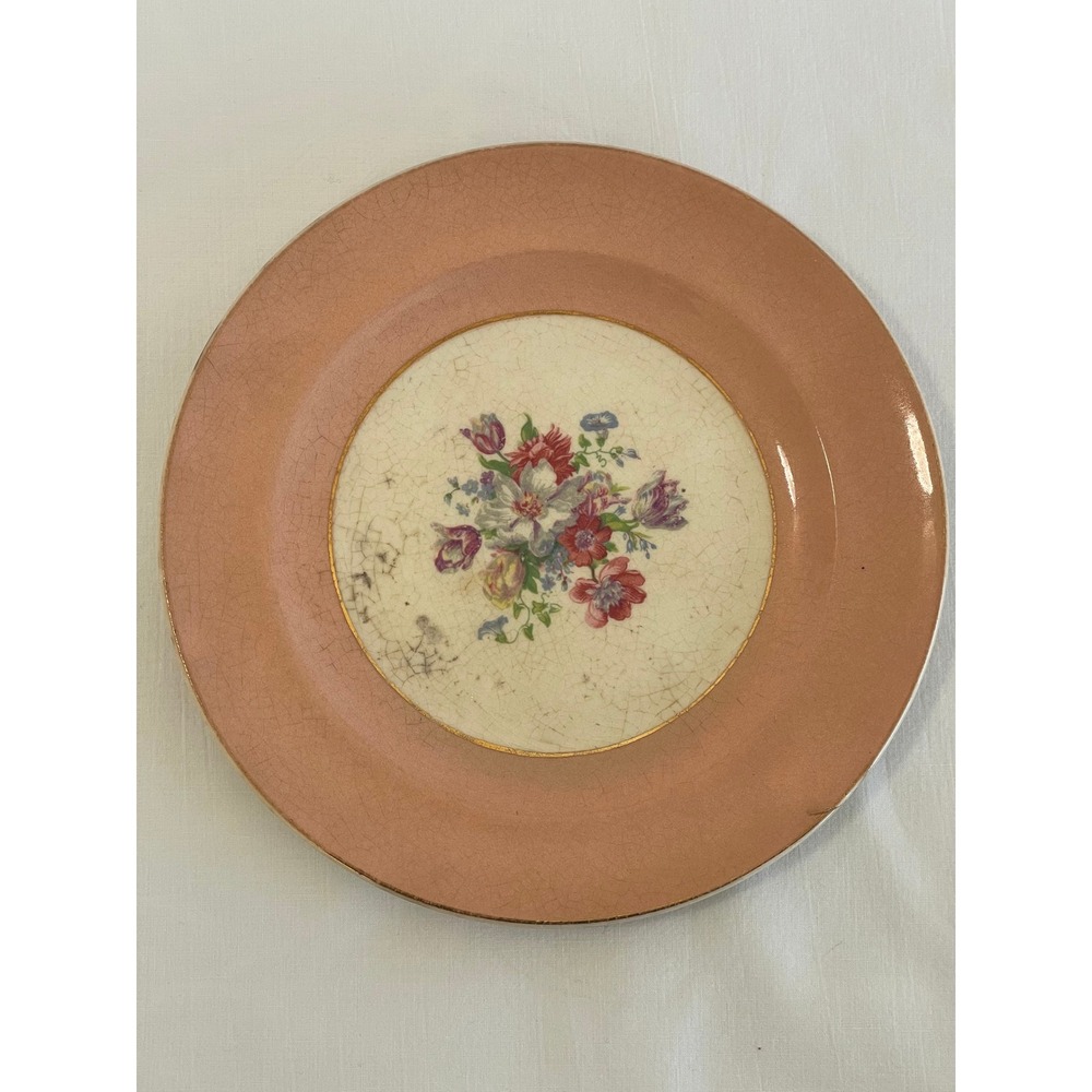Vintage French Saxon China Co Floral Plate 22K Gold‎ Trim Pink Rim 6.25" USA